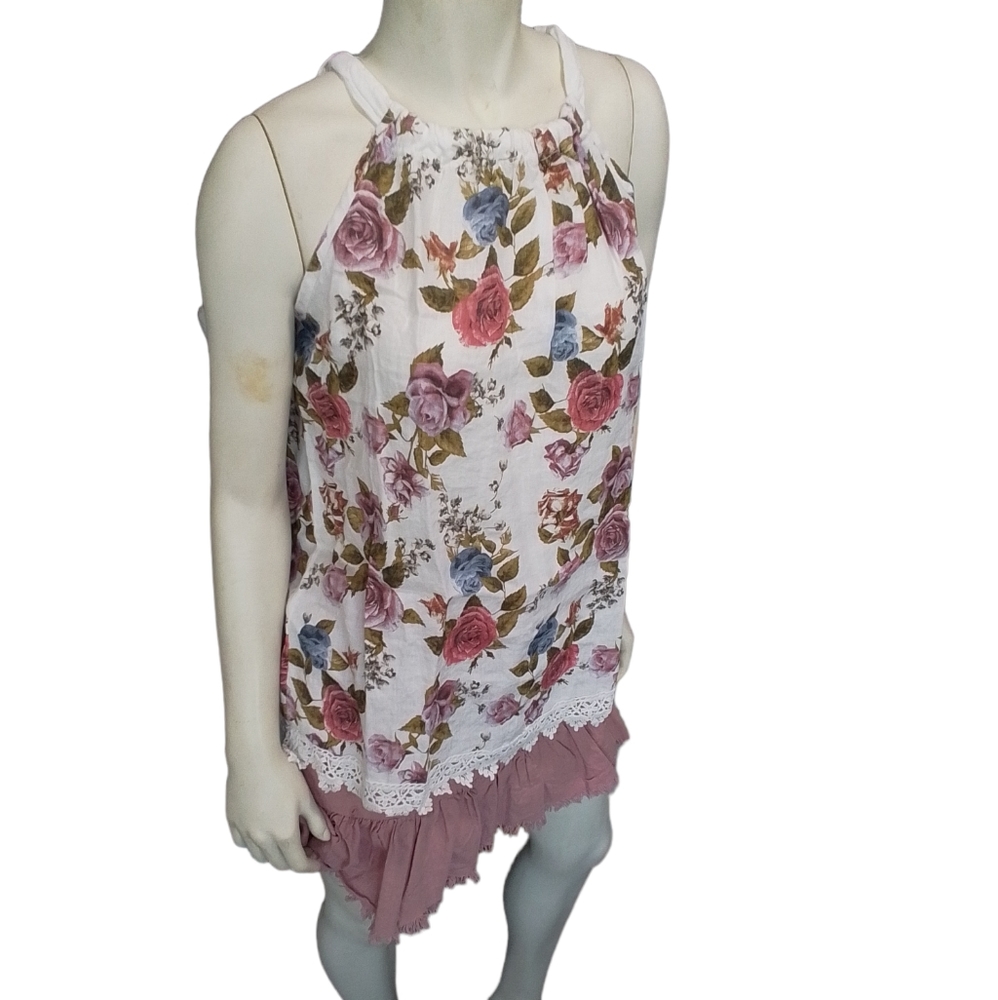 Rose Halter Crochet Trim Top Made In Italy